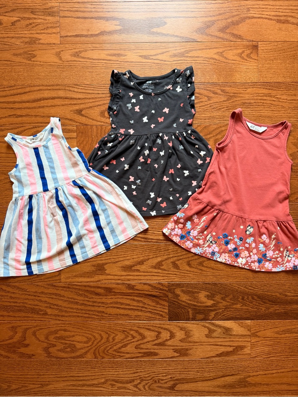 H& M Toddler Girl Dress Trio - Stripes, Charcoal Butterfly, Coral Floral